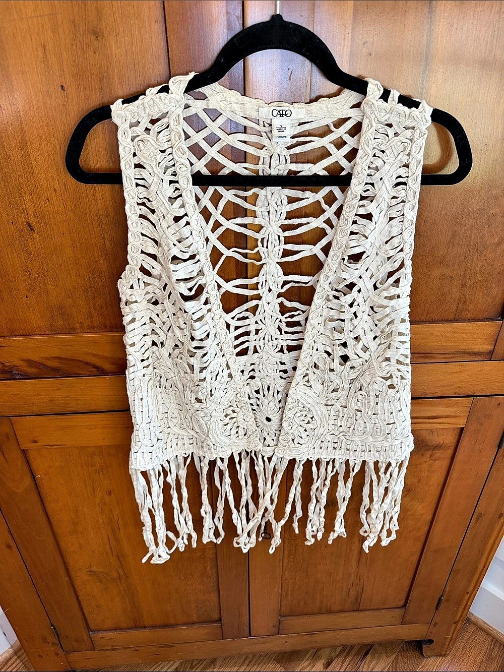 Cato Crochet Cream Fringe Open Front Sleeveless Vest, S Boho Hippie Cowgirl!